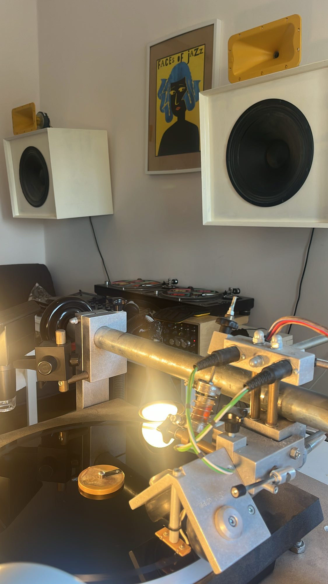 PLASTIK studio in Israel featuring the vinyl lathe and horn speakers