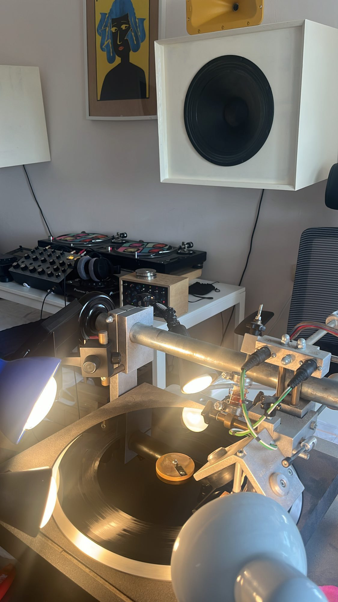 Wide view of the PLASTIK studio with the lathe, Pioneer DJ decks, mixer and horn speakers